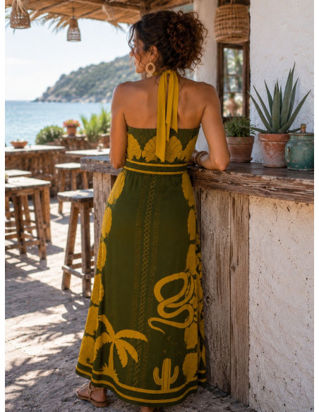 Vestido Largo Halter Verde y Mostaza con Espalda Descubierta