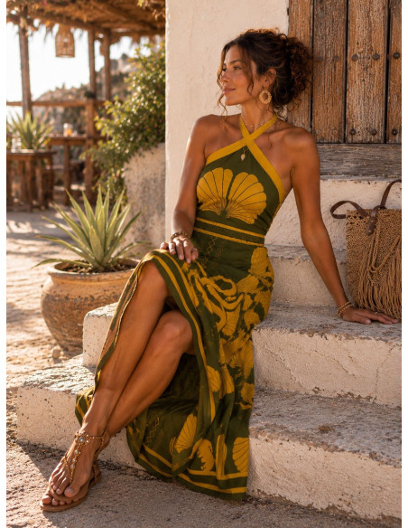 Vestido Largo Halter Verde y Mostaza con Espalda Descubierta
