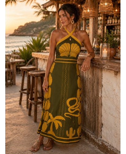 Vestido Largo Halter Verde y Mostaza con Espalda Descubierta 2