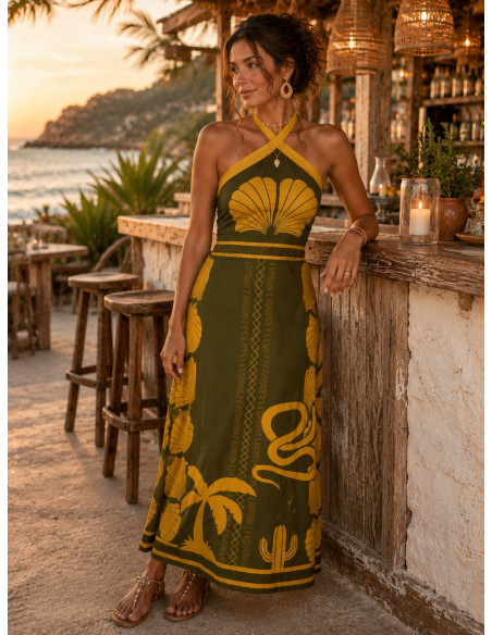 Vestido Largo Halter Verde y Mostaza con Espalda Descubierta