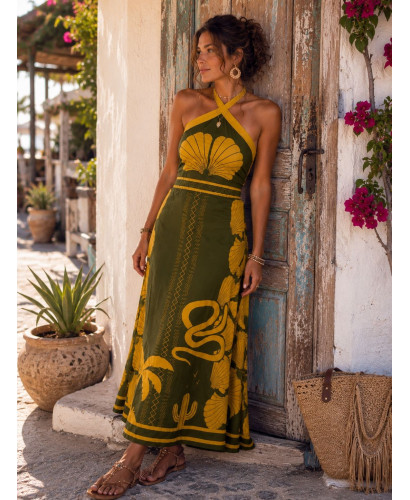 Vestido Largo Halter Verde y Mostaza con Espalda Descubierta