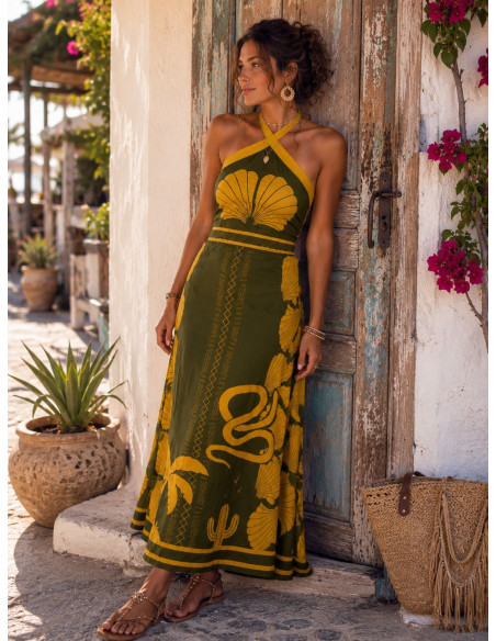 Vestido Largo Halter Verde y Mostaza con Espalda Descubierta