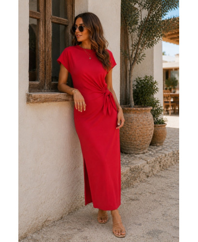 Vestido Rojo con Nudo Lateral y Abertura