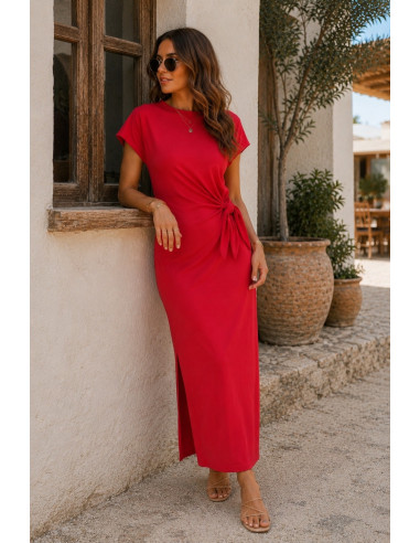Vestido Rojo con Nudo Lateral y Abertura