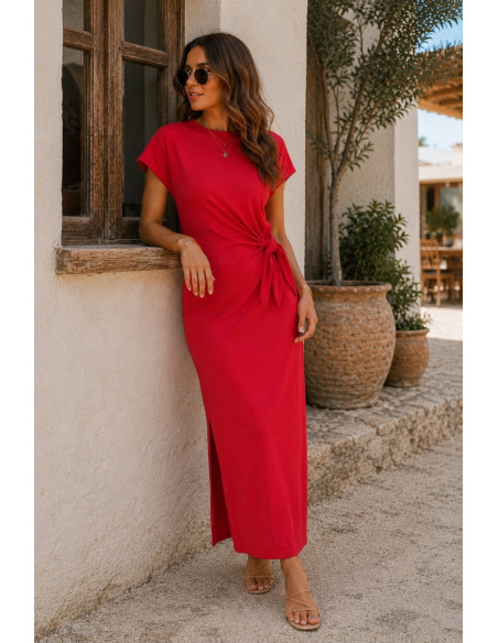 Vestido Rojo con Nudo Lateral y Abertura
