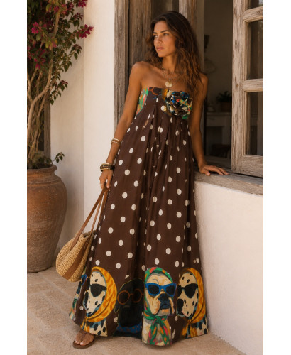 Vestido largo palabra de honor estampado Dog Art chocolate 2