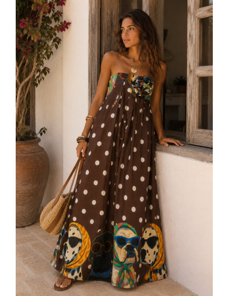 Vestido largo palabra de honor estampado Dog Art chocolate