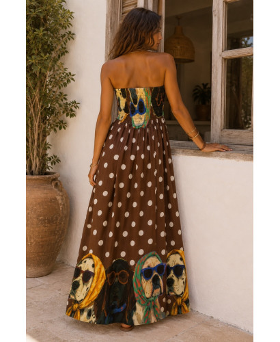 Vestido largo palabra de honor estampado Dog Art chocolate 2