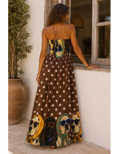 Vestido largo palabra de honor estampado Dog Art chocolate