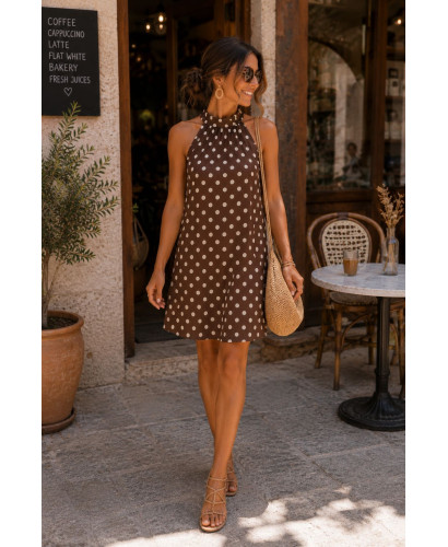 Vestido Corto Halter Chocolate con Lunares Crudo