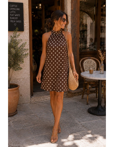 Vestido Corto Halter Chocolate con Lunares Crudo