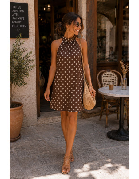 Vestido Corto Halter Chocolate con Lunares Crudo
