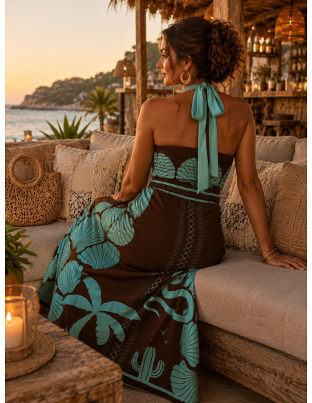 copy of Vestido Largo Halter Turquesa y Chocolate con Espalda Descubierta