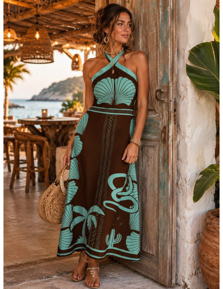 copy of Vestido Largo Halter Turquesa y Chocolate con Espalda Descubierta