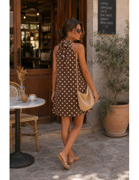 Vestido Corto Halter Chocolate con Lunares Crudo
