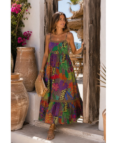 Vestido Largo Tropical de Tirantes Regulables Multicolor