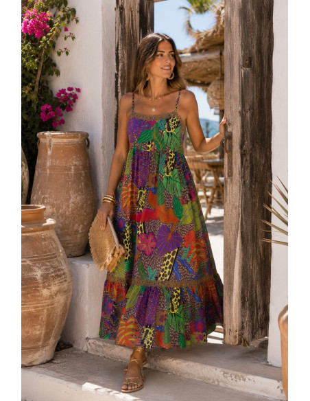 Vestido Largo Tropical de Tirantes Regulables Multicolor