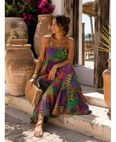 Vestido Largo Tropical de Tirantes Regulables Multicolor 2