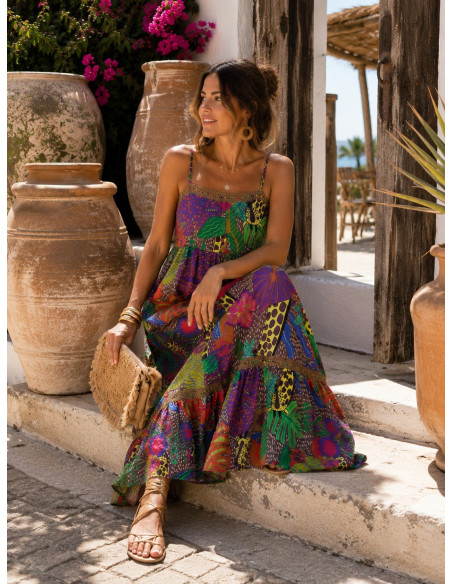 Vestido Largo Tropical de Tirantes Regulables Multicolor