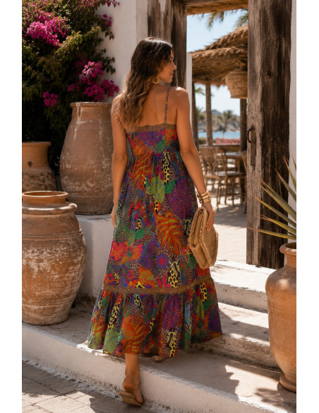 Vestido Largo Tropical de Tirantes Regulables Multicolor