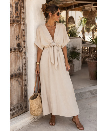 Vestido midi en crudo con lazada frontal y cintura elástica