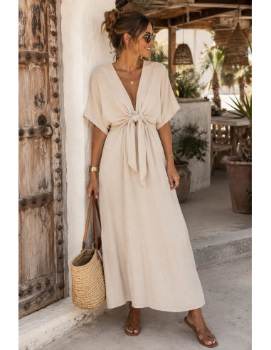 Vestido midi en crudo con lazada frontal y...