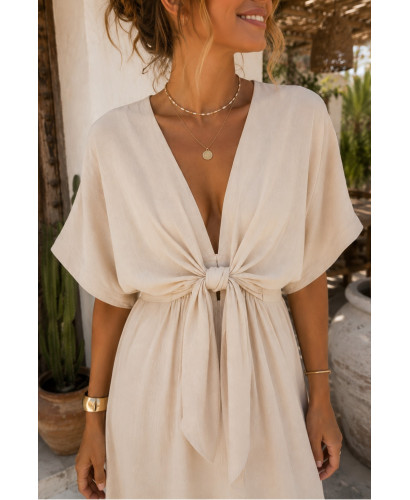 Vestido midi en crudo con lazada frontal y cintura elástica 2