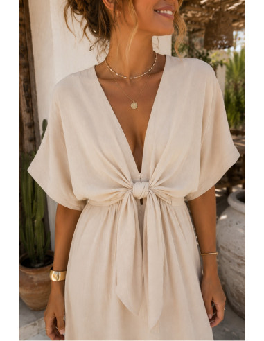 Vestido midi en crudo con lazada frontal y...