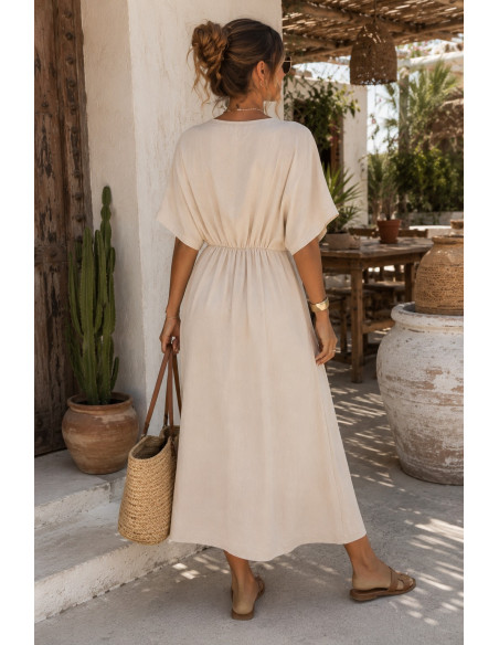Vestido midi en crudo con lazada frontal y cintura elástica