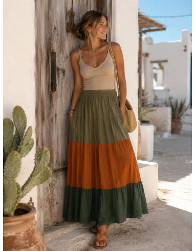 Falda Tricolor Marrón, caldera y verde con...