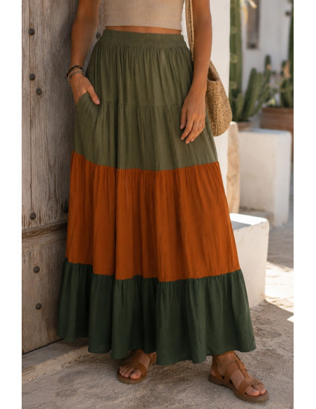 Falda Tricolor Marrón, caldera y verde con Cintura Elástica