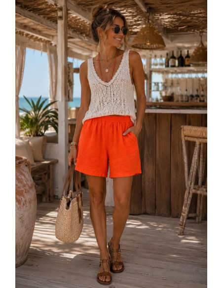 Pantalón Corto Bambula Naranja con Bolsillos
