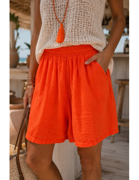 Pantalón Corto Bambula Naranja con Bolsillos