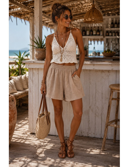 Pantalón Corto Bambula tostado con Bolsillos