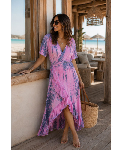 🌈 Vestido Tie Dye Pareo Rosa y Azul con Abertura Frontal 🌈
