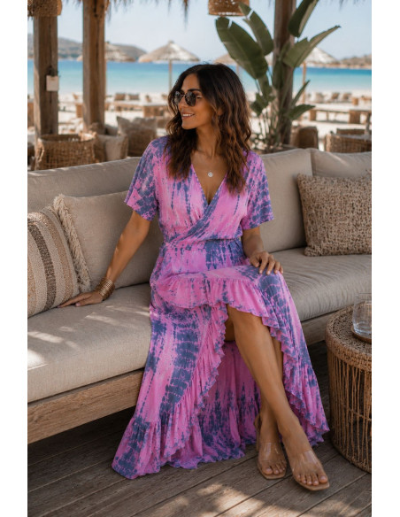 🌈 Vestido Tie Dye Pareo Rosa y Azul con Abertura Frontal 🌈