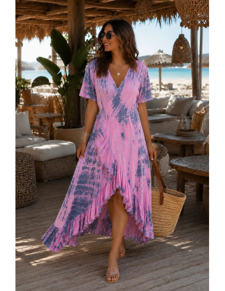 🌈 Vestido Tie Dye Pareo Rosa y Azul con Abertura Frontal 🌈