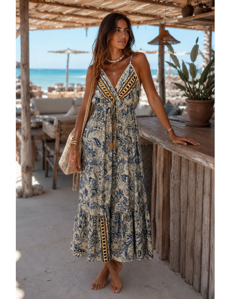 Vestido Largo Estampado Azul de Tirantes Regulables | Seda y Viscosa