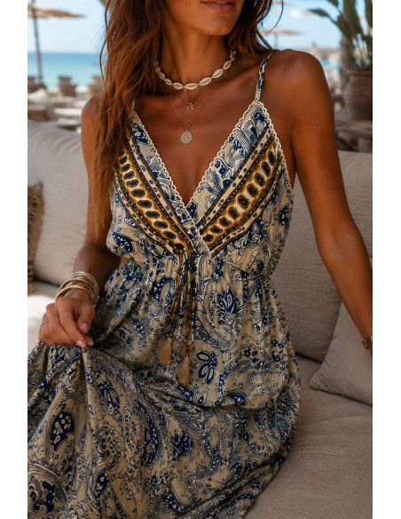 Vestido Largo Estampado Azul de Tirantes Regulables | Seda y Viscosa