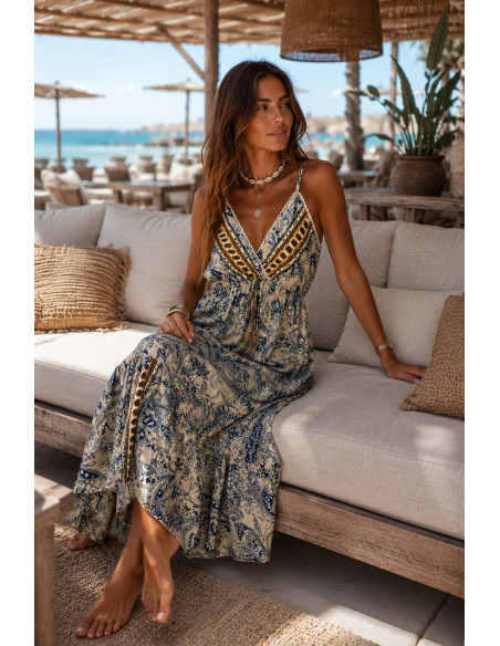 Vestido Largo Estampado Azul de Tirantes Regulables | Seda y Viscosa