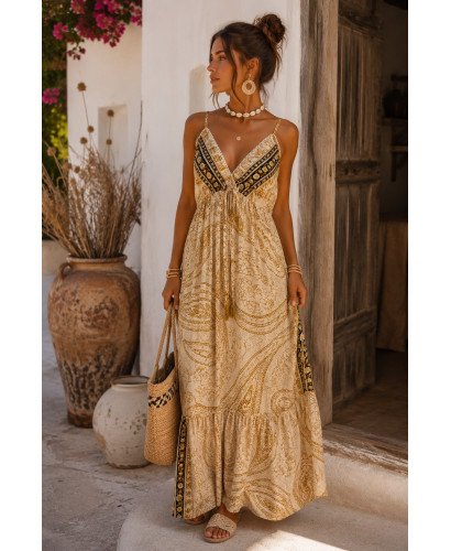 Vestido Largo Estampado mostaza de Tirantes Regulables |...