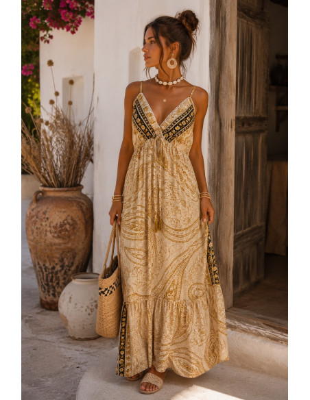 Vestido Largo Estampado mostaza de Tirantes Regulables | Seda y Viscosa