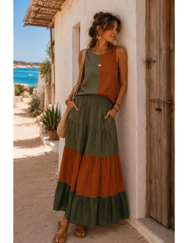 Top Bicolor Verde y marrón con Espalda Lisa