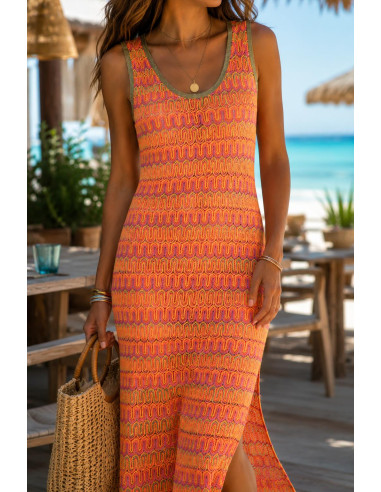 Vestido Sin Mangas en Tonos Flúor Naranjas y Rosas