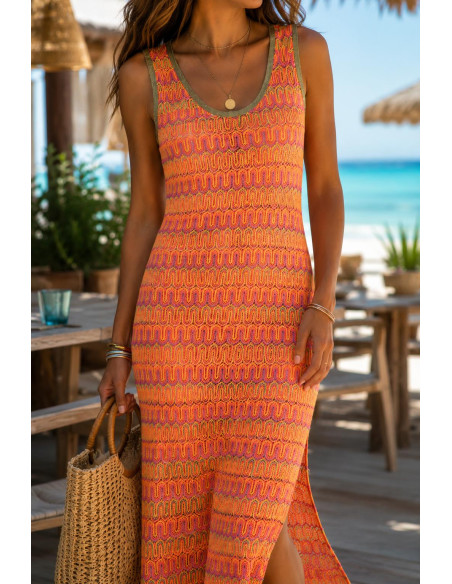 Vestido Sin Mangas en Tonos Flúor Naranjas y Rosas