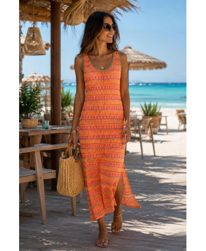 Vestido Sin Mangas en Tonos Flúor Naranjas y Rosas