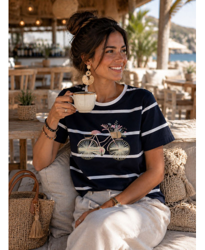 Camiseta navy con bicicleta bordada en marino y blanco