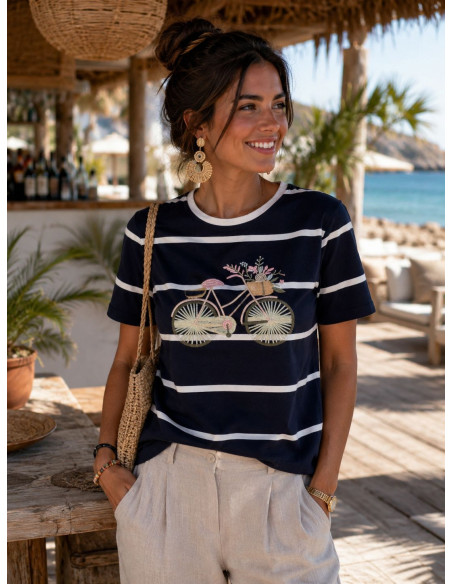 Camiseta navy con bicicleta bordada en marino y blanco