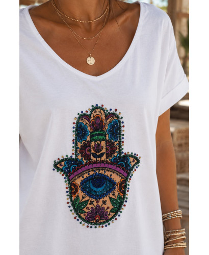 🌟 Camiseta Hamsa con Abalorios blanca 2