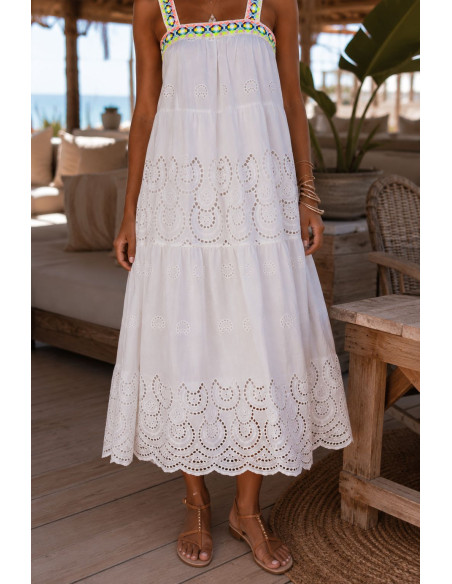 Vestido Blanco Bordado con Tirantes Flúor